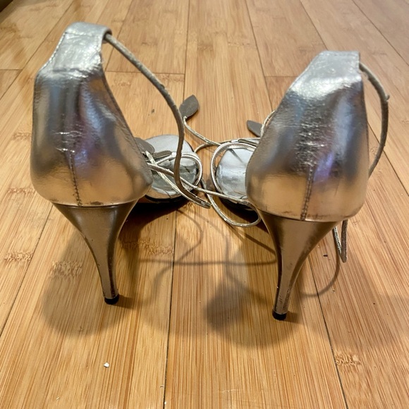 COUP D’ÉTAT Heels with wrap around ankle straps.  Bronze and Silver Leafs - Picture 4 of 7